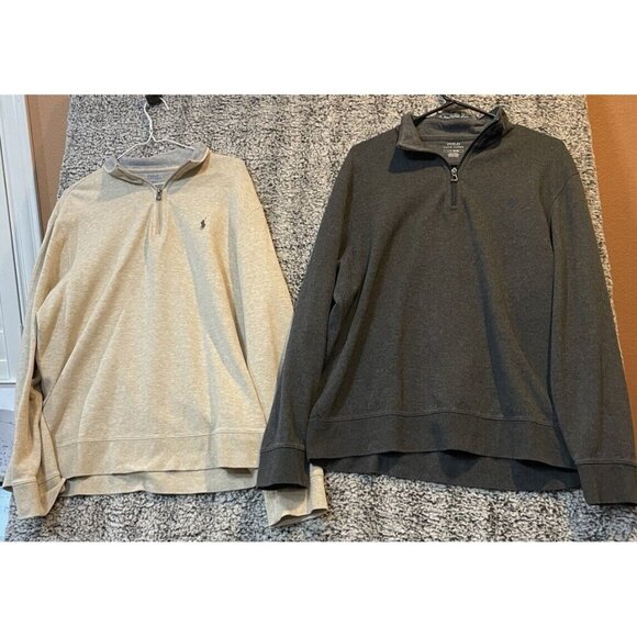 Polo Ralph Lauren Mens Large Set Of‎ 2 Tan Grey Rib Sweatshirt 1/4 Zip Preppy - Picture 1 of 14
